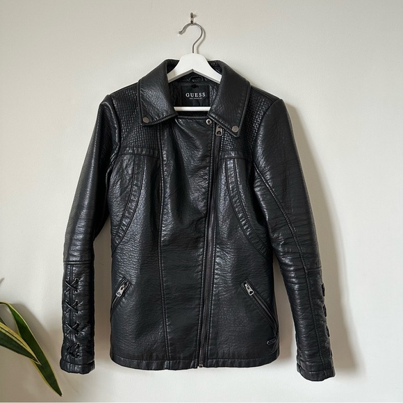 Guess Moto Jacket Faux Leather in Black Size M - Picture 2 of 10